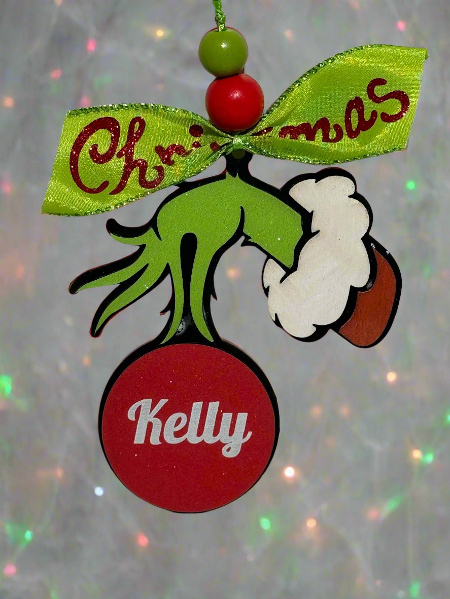 Personalized Grinch Hand Ornament, Christmas Decoration, Teacher Gift Idea